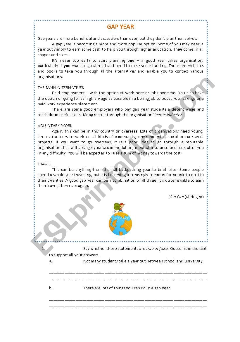 Gap Year 11th form worksheet