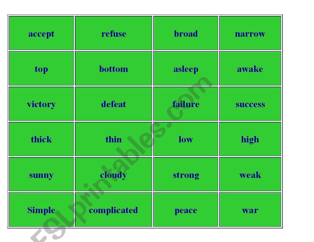 Antonyms memory game worksheet