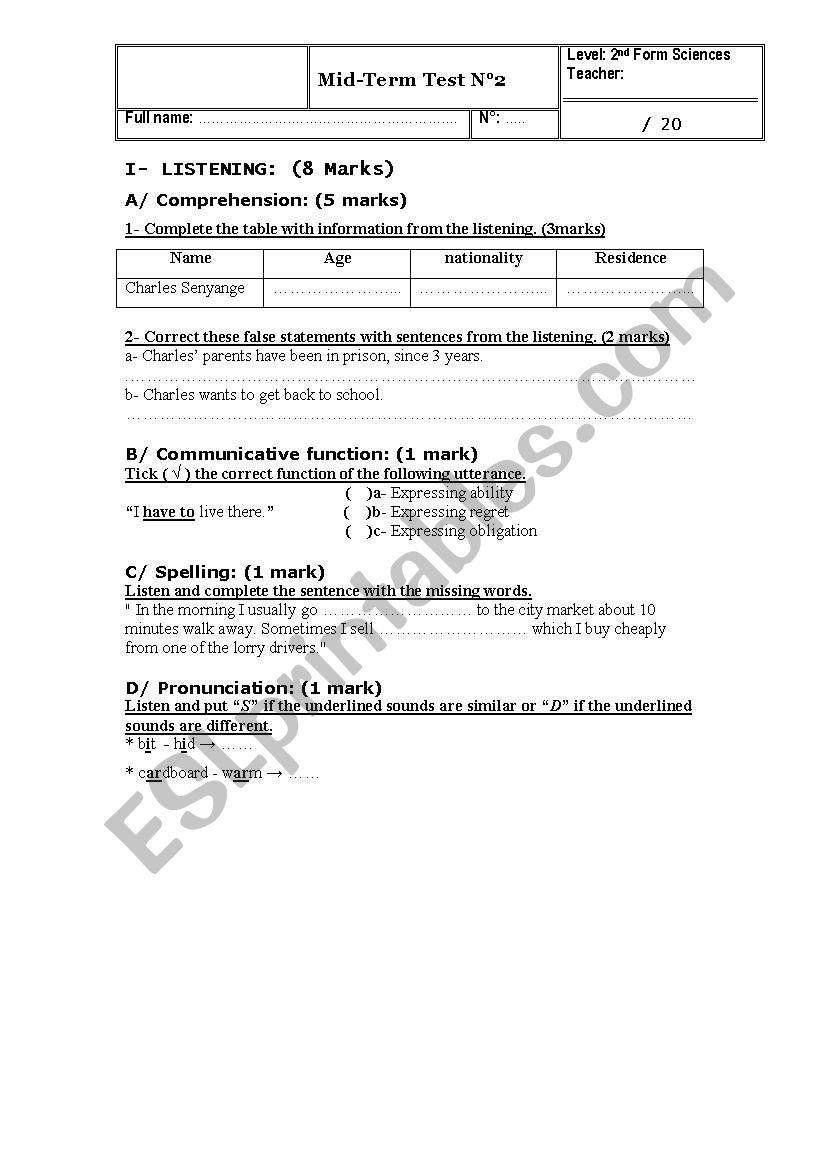 mid-term test 2 second form secondary tunisia