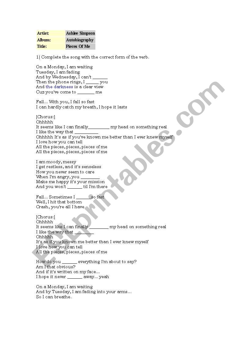 pieces of me / A.Simpson worksheet