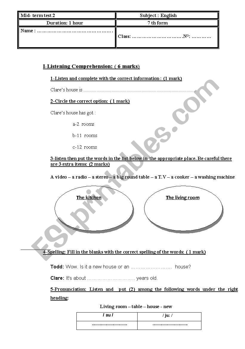 7th form mid term test 2  worksheet