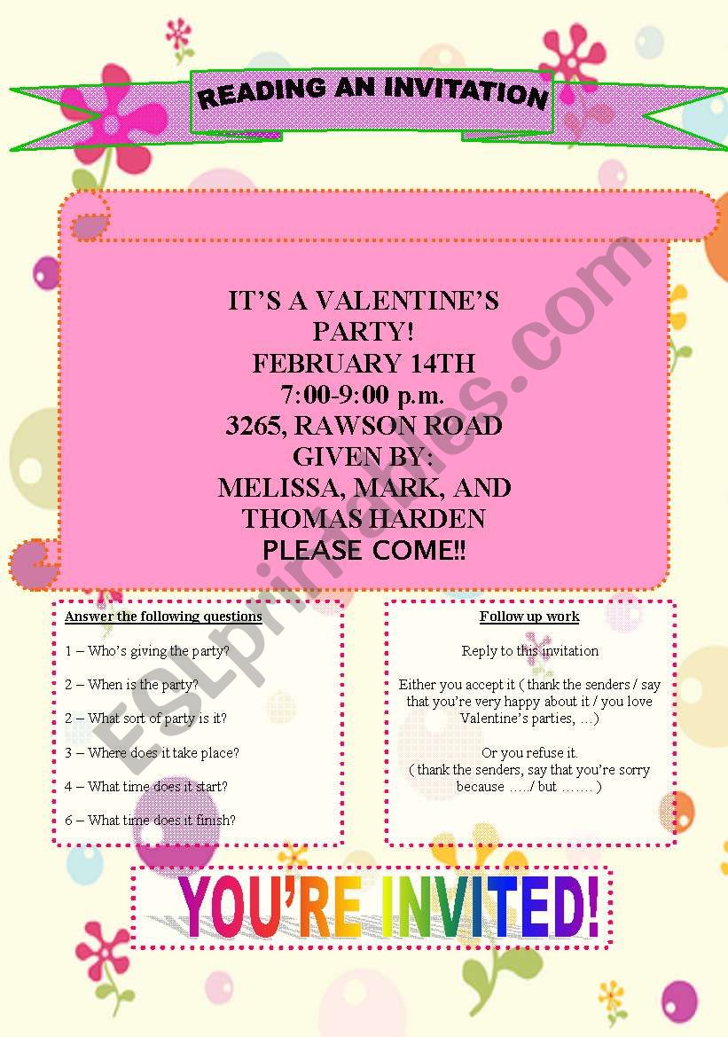 Valentines party invitation  worksheet