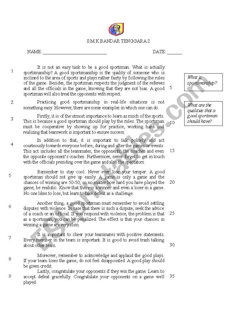 sportsmanship worksheet