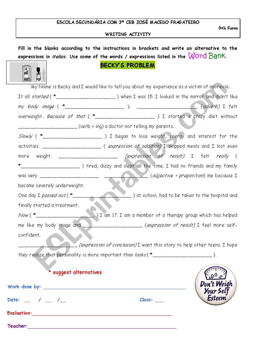 Teens and body image worksheet