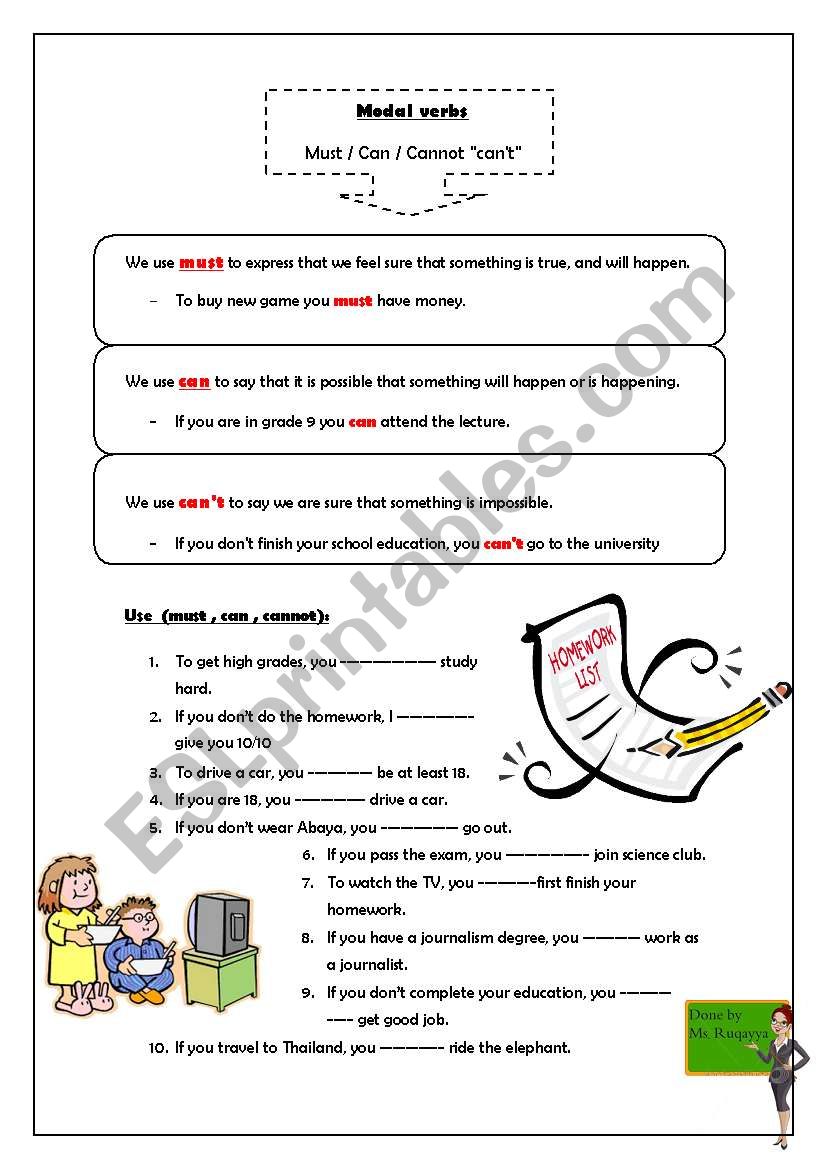 modals ( can - cannot- must ) worksheet