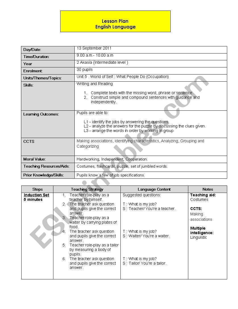 lesson plan(job) worksheet