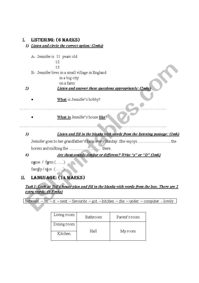 mid-term test for 7th form  pupils  in Tunisia 