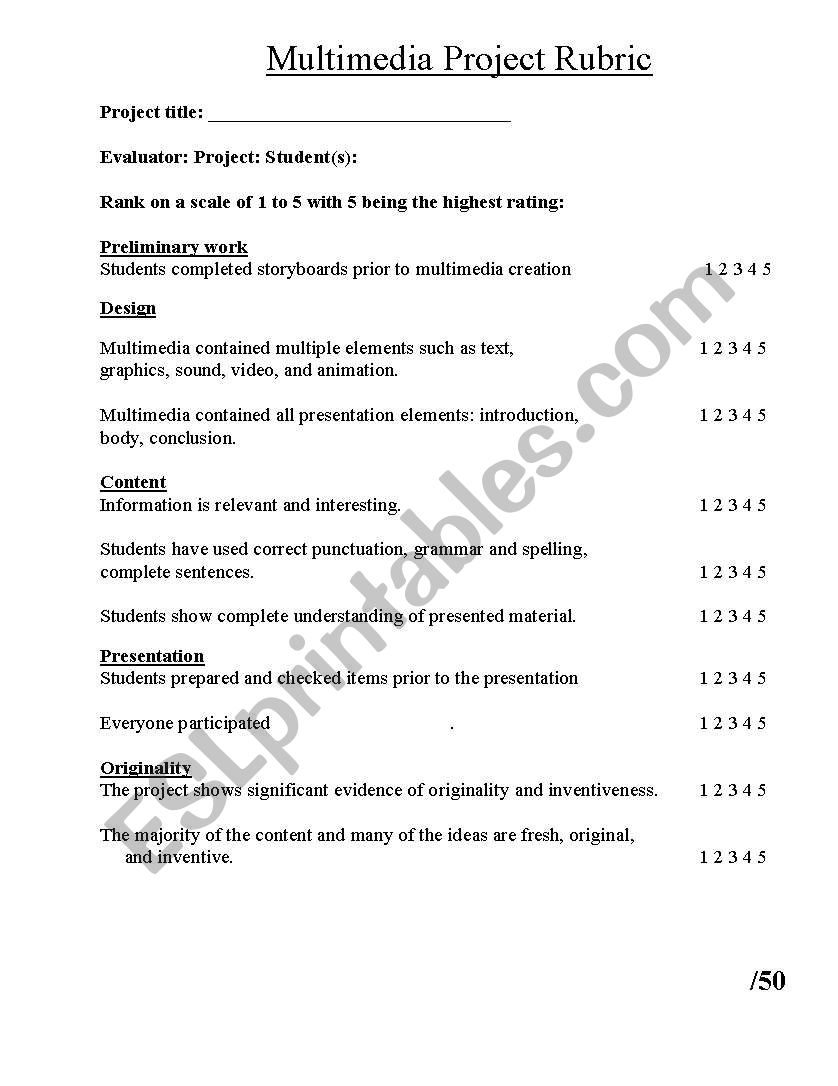 multimedia project rubric  worksheet