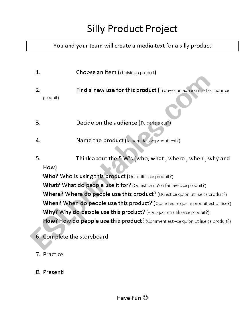 silly product project  worksheet