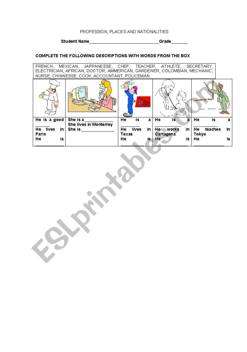 Profession and Nationality worksheet