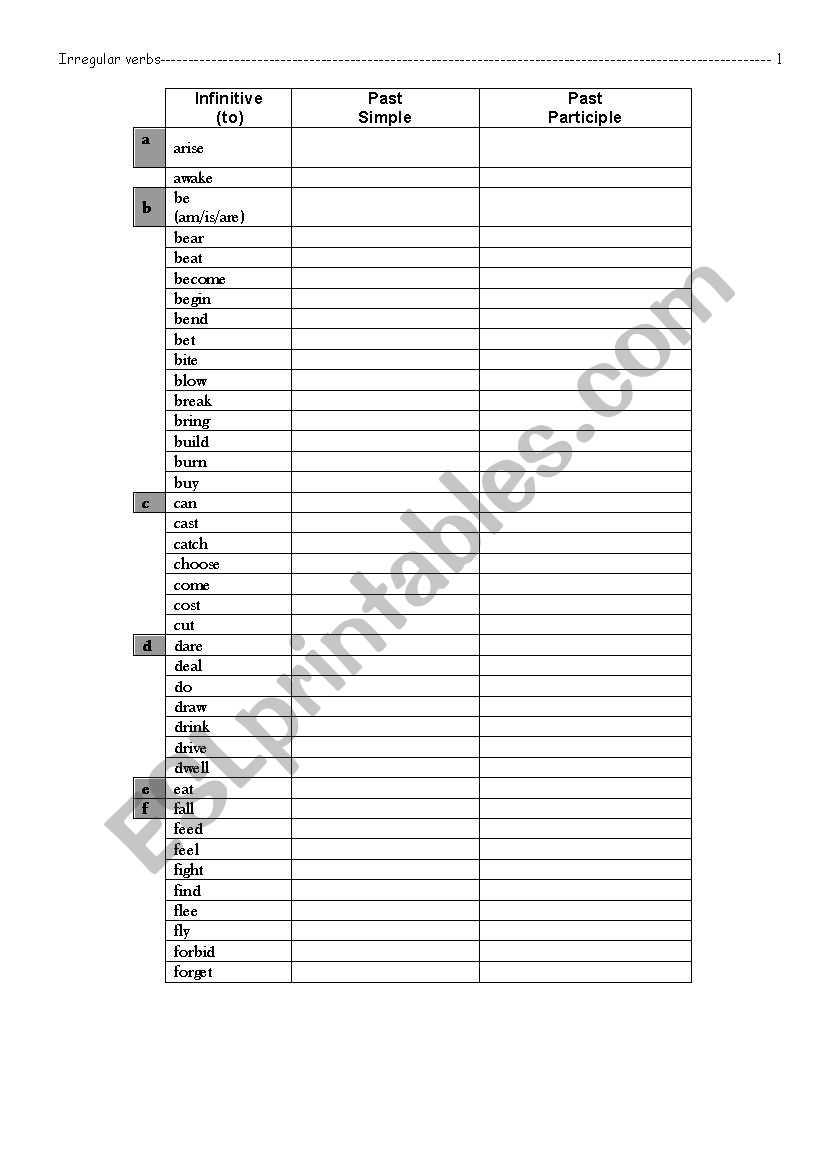 irregular verbs-fill in worksheet
