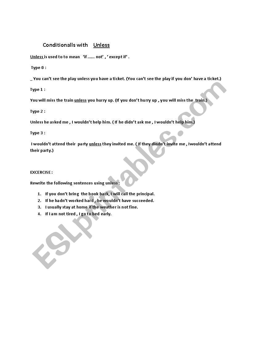 USE OF UNLESS worksheet