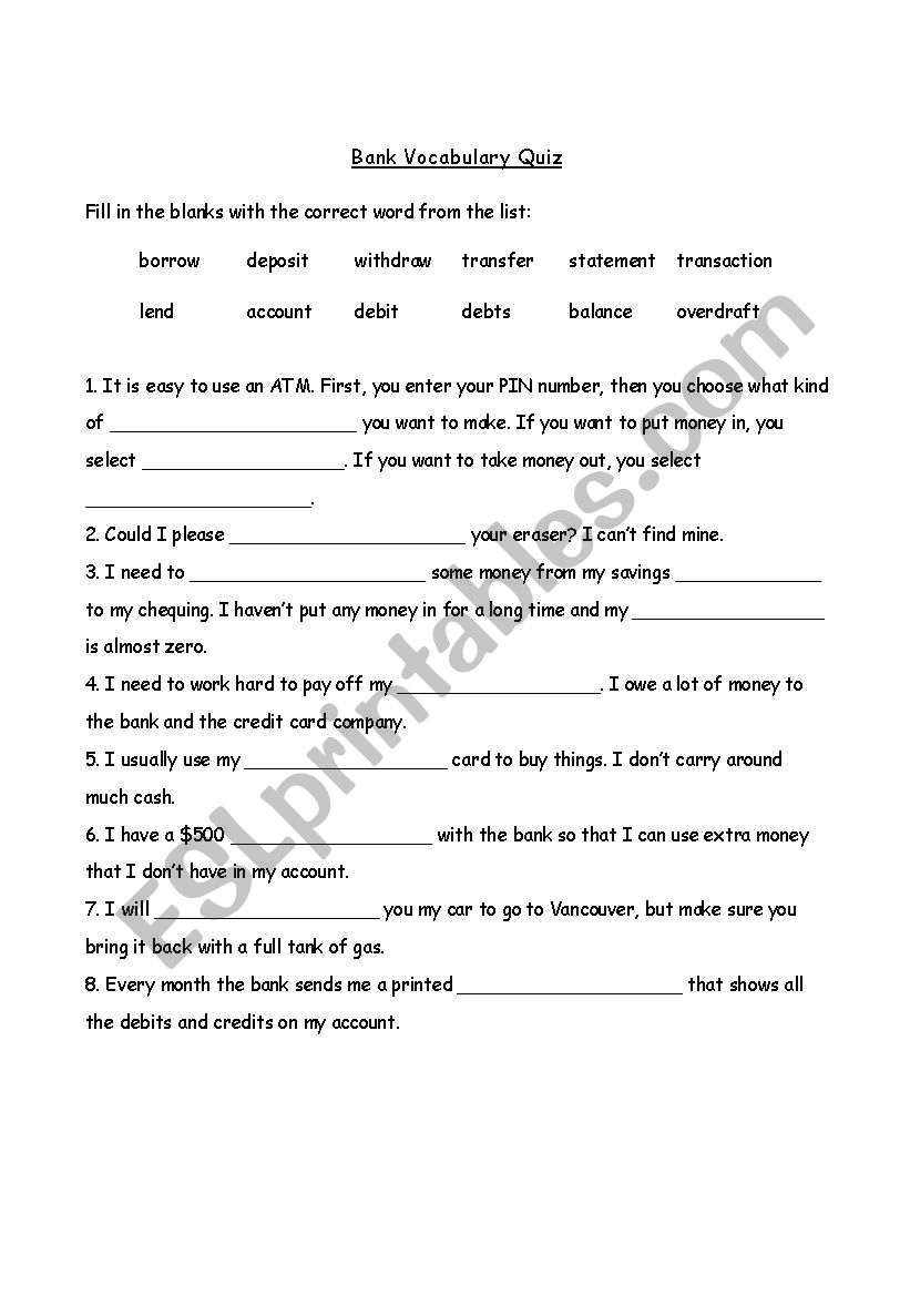 Bank Vocabulary Quiz/Worksheet