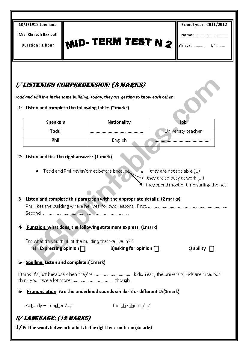 mid-term test n2 worksheet