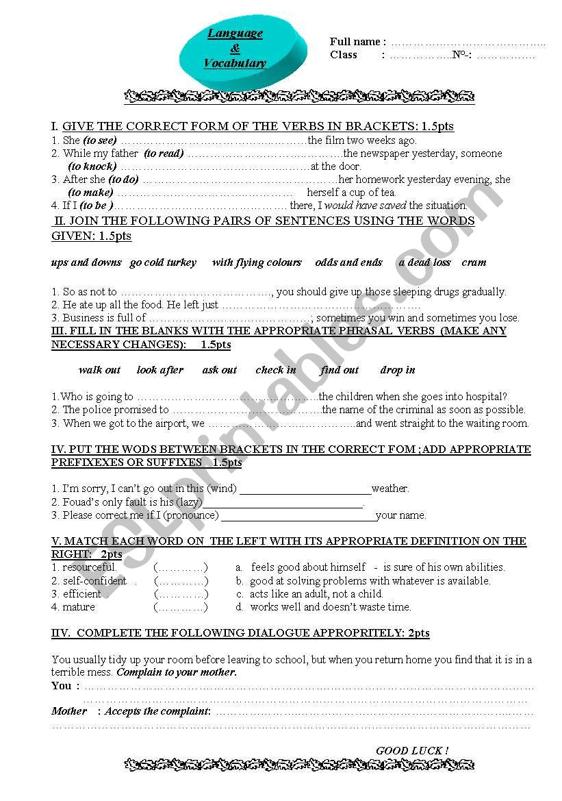 language and vocabulary test worksheet