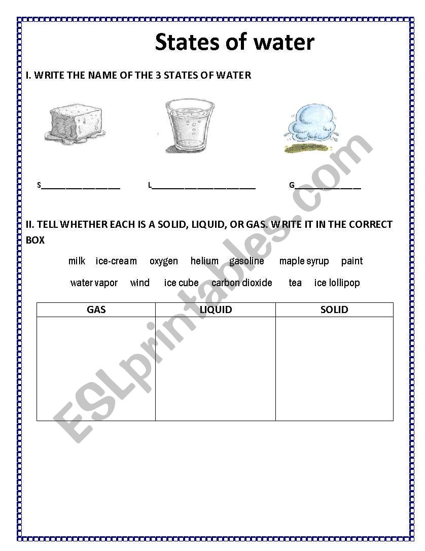 THE 3 STATES OF WATER worksheet