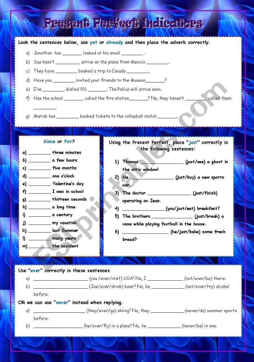 Present Perfect Indicators worksheet