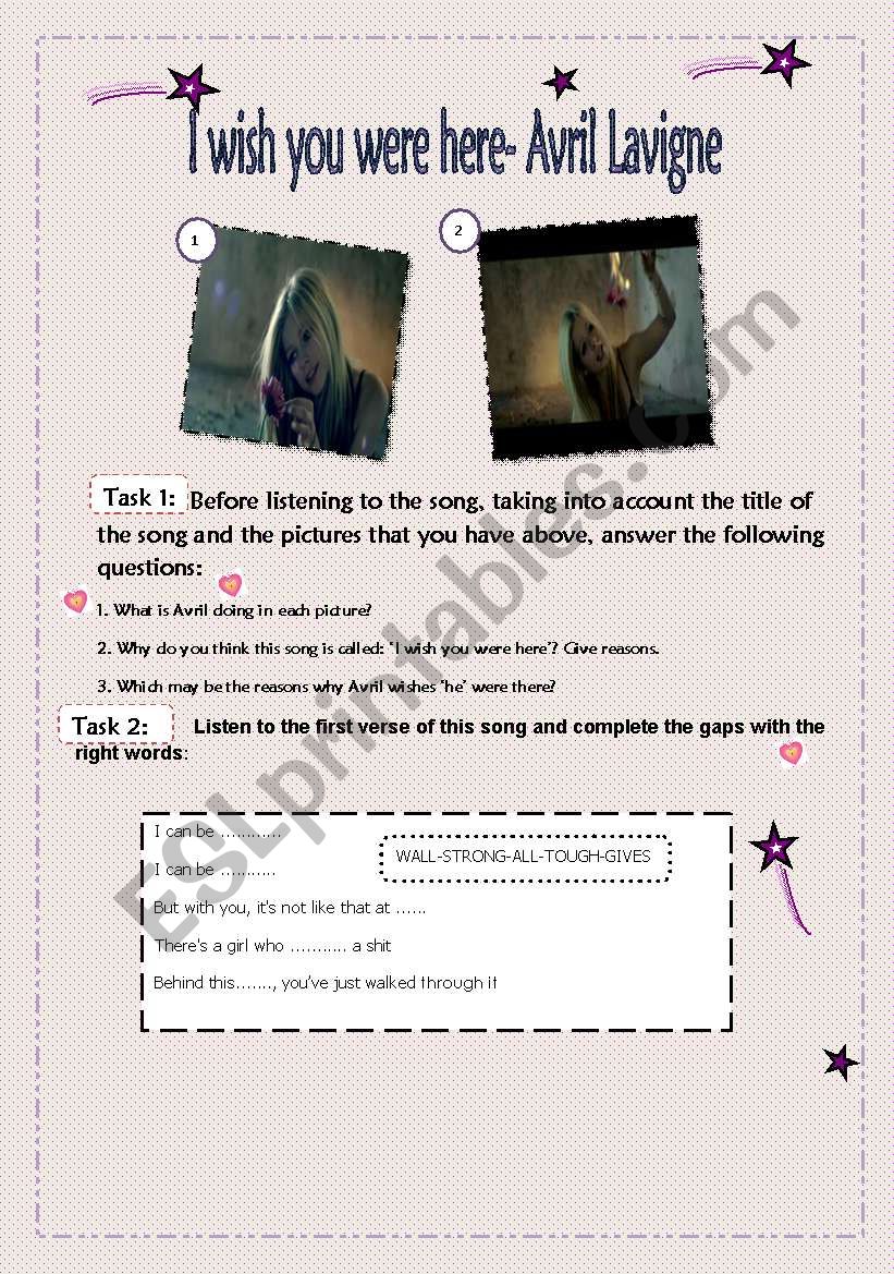 I Wish You Were Here Avril Lavigne Esl Worksheet By Jessisun