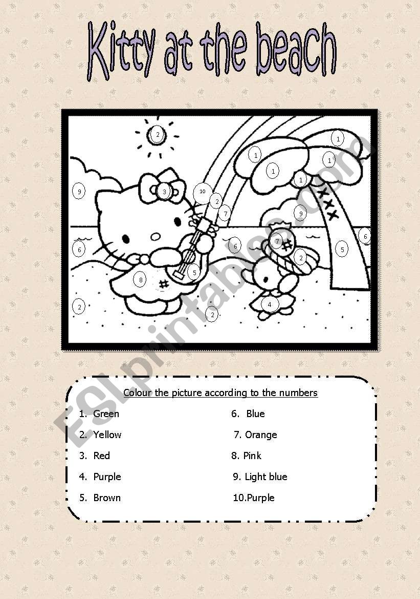 COLOURING HELLO KITTY AT THE BEACH - ESL worksheet by Jessisun