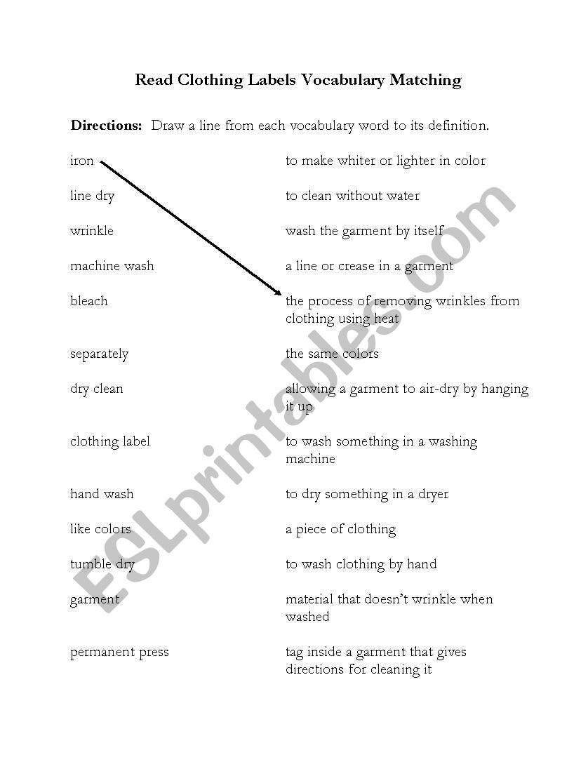 Reading Clothing labels worksheet