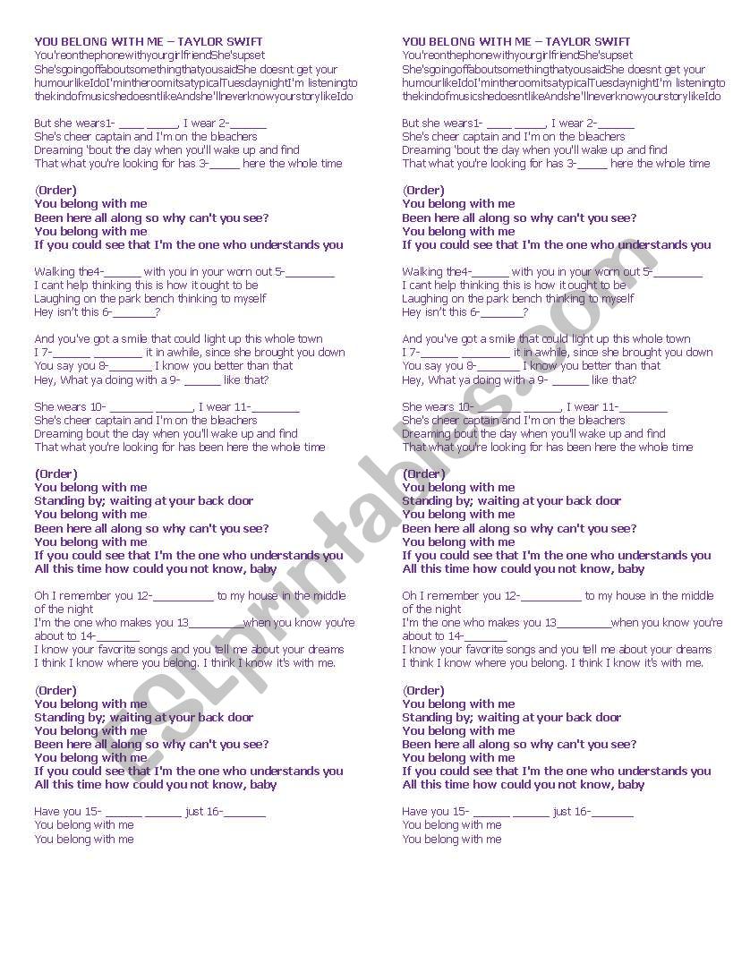 song you belong with me worksheet