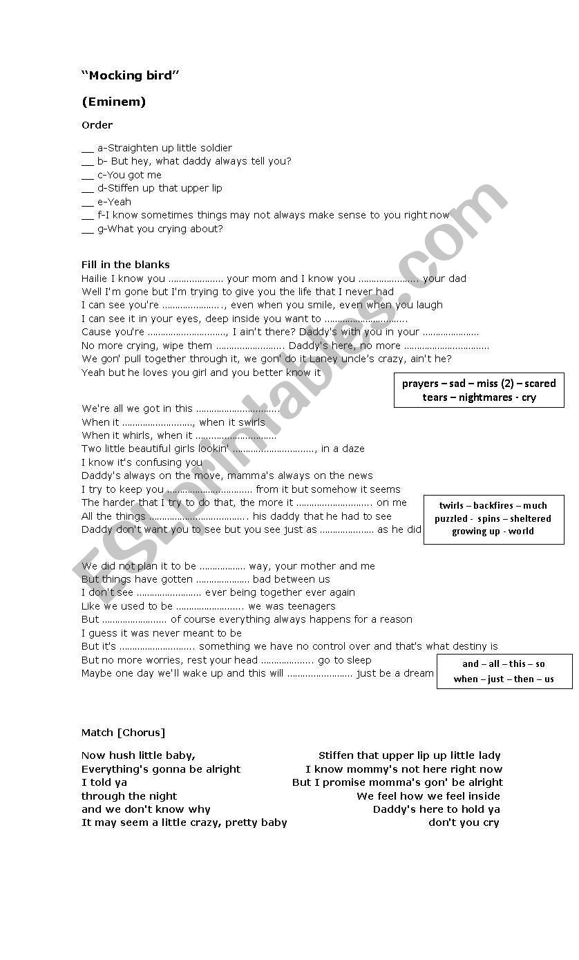 Mocking bird by Eminem worksheet