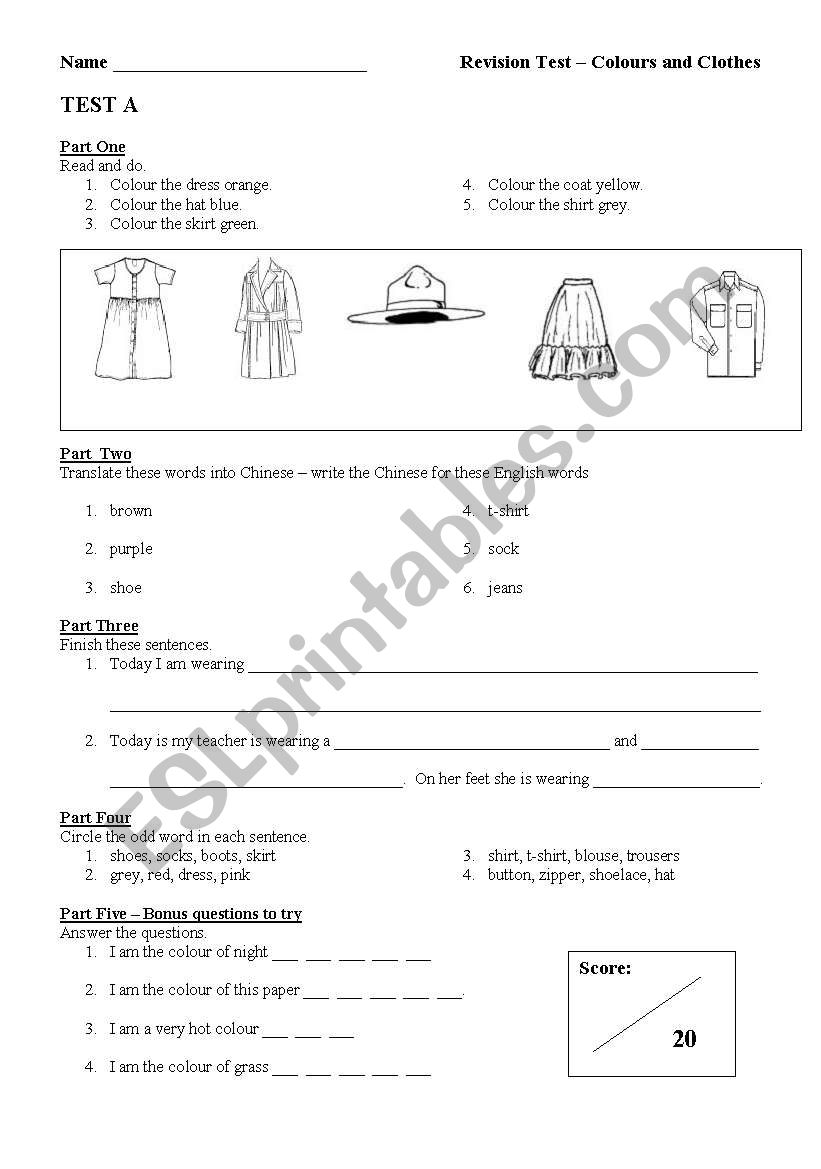 Colours and clothes revision test