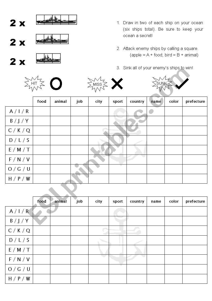 Vocabulary Battleship worksheet