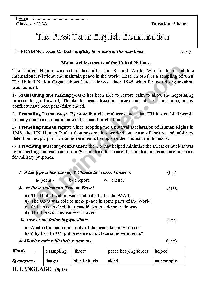 exam worksheet