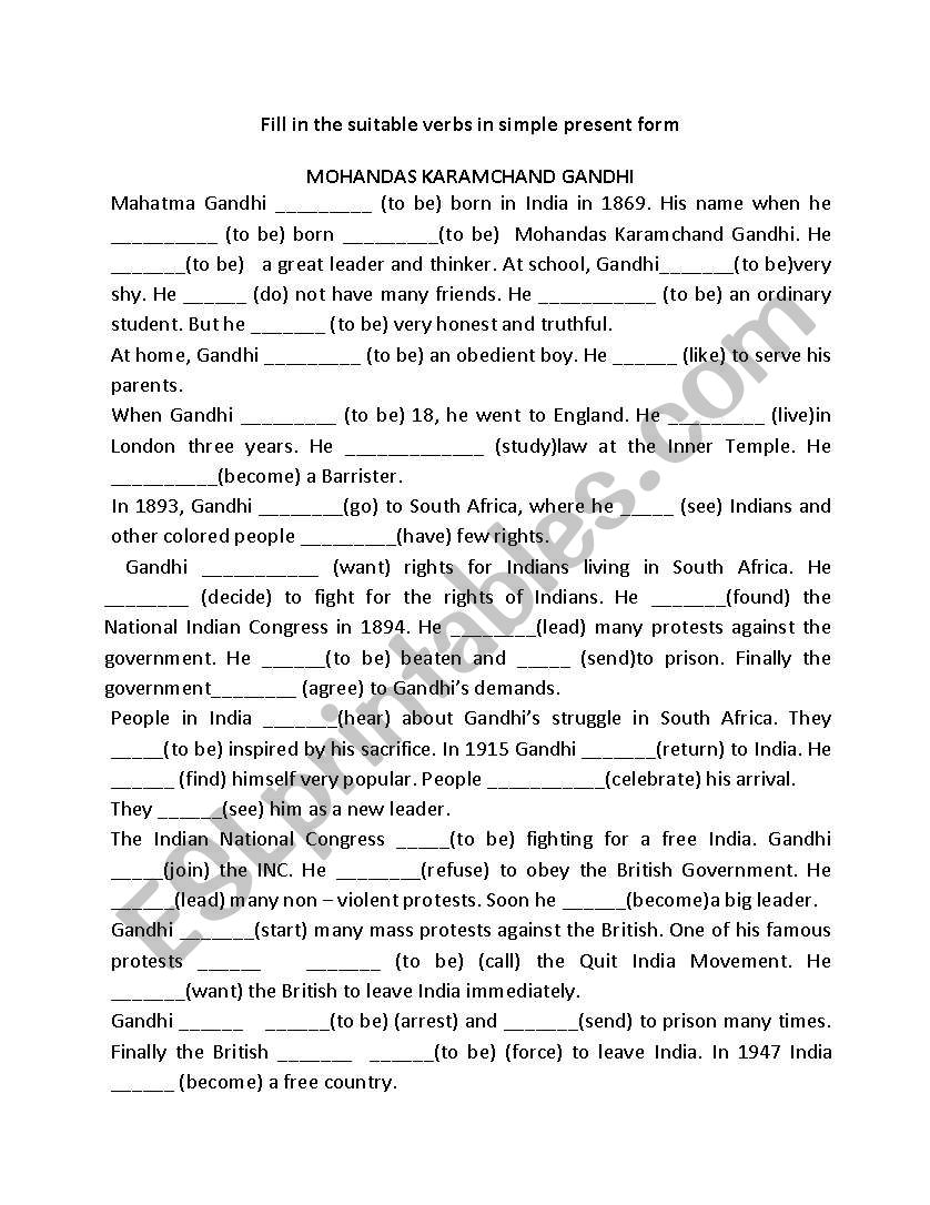 Simple Past Tense - Gandhi worksheet