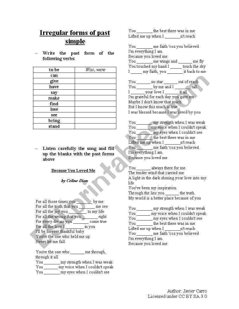 Irregular verbs with lyrics worksheet