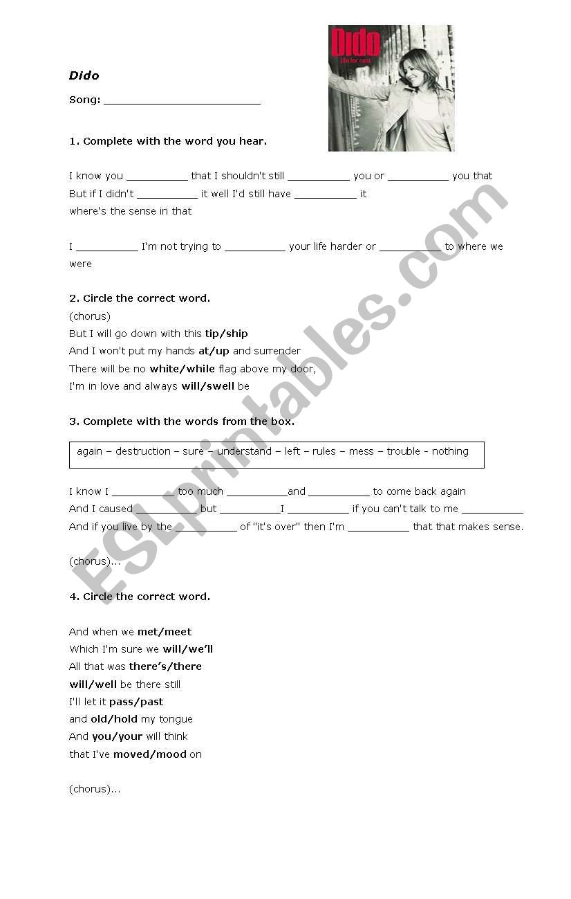 White Flag - Dido worksheet