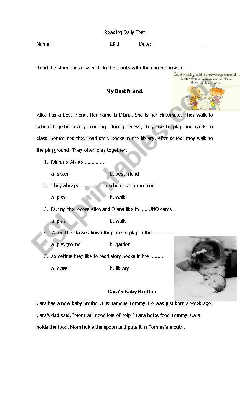 Reading Test class 1 worksheet
