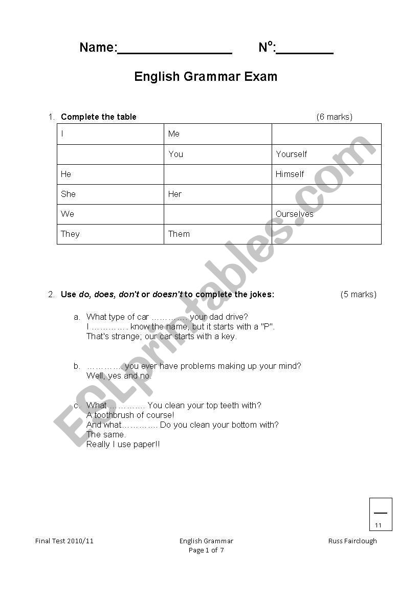 Grammar Test worksheet