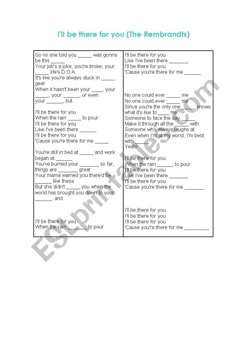 Ill be there for you worksheet