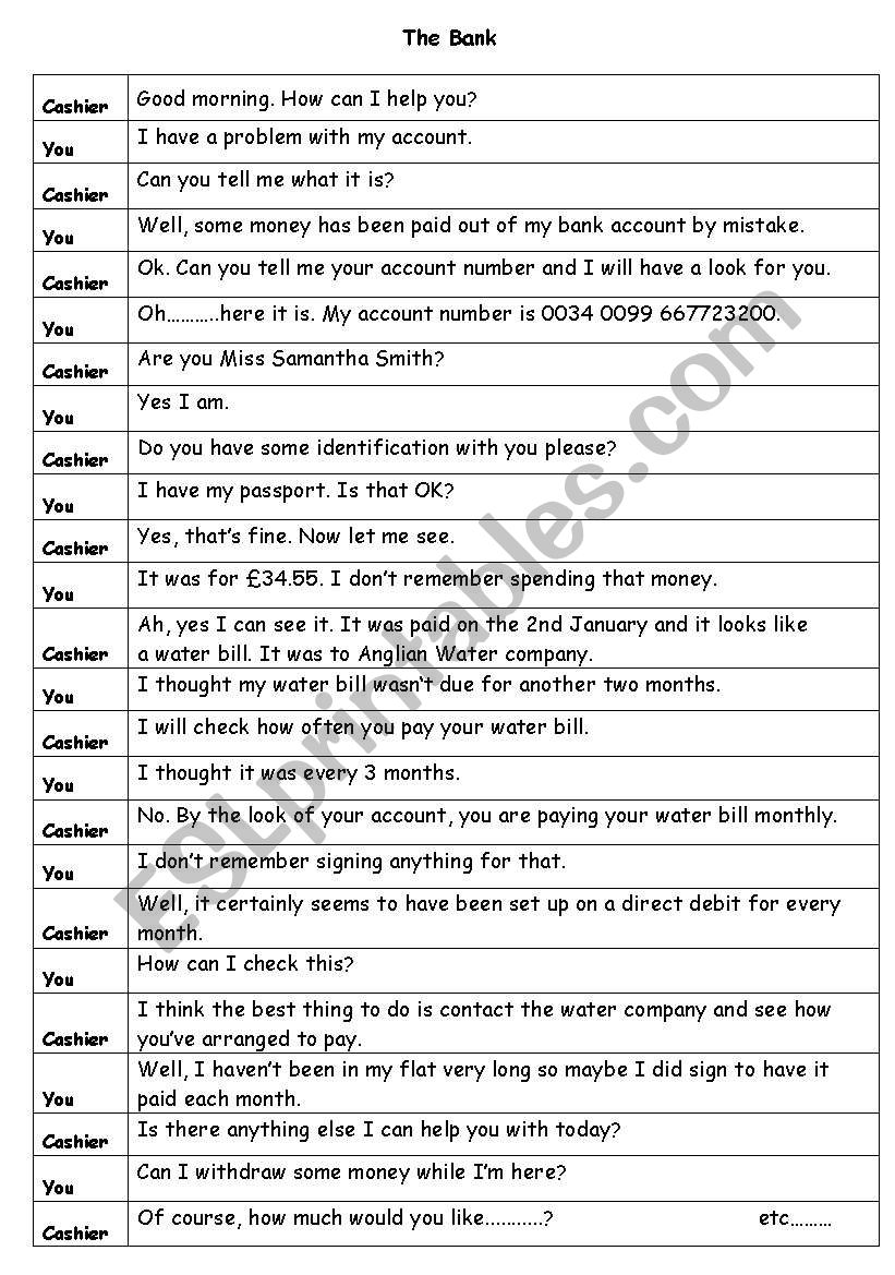 Bank problem worksheet