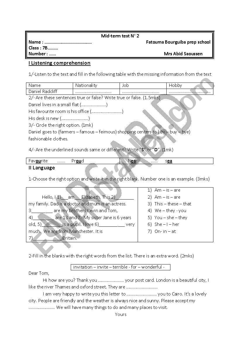 7th form mid term test 2 worksheet