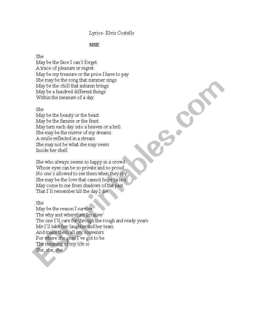 lyrics - she worksheet
