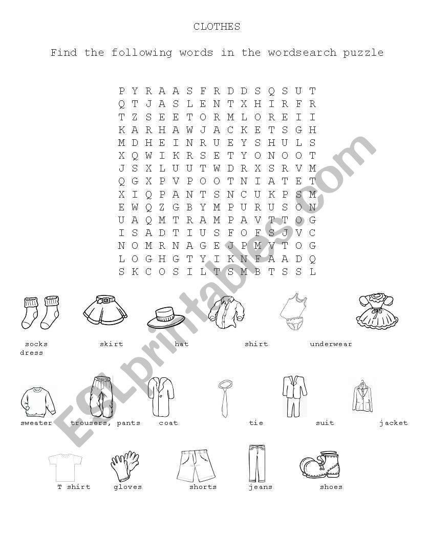 Clothes Wordsearch worksheet