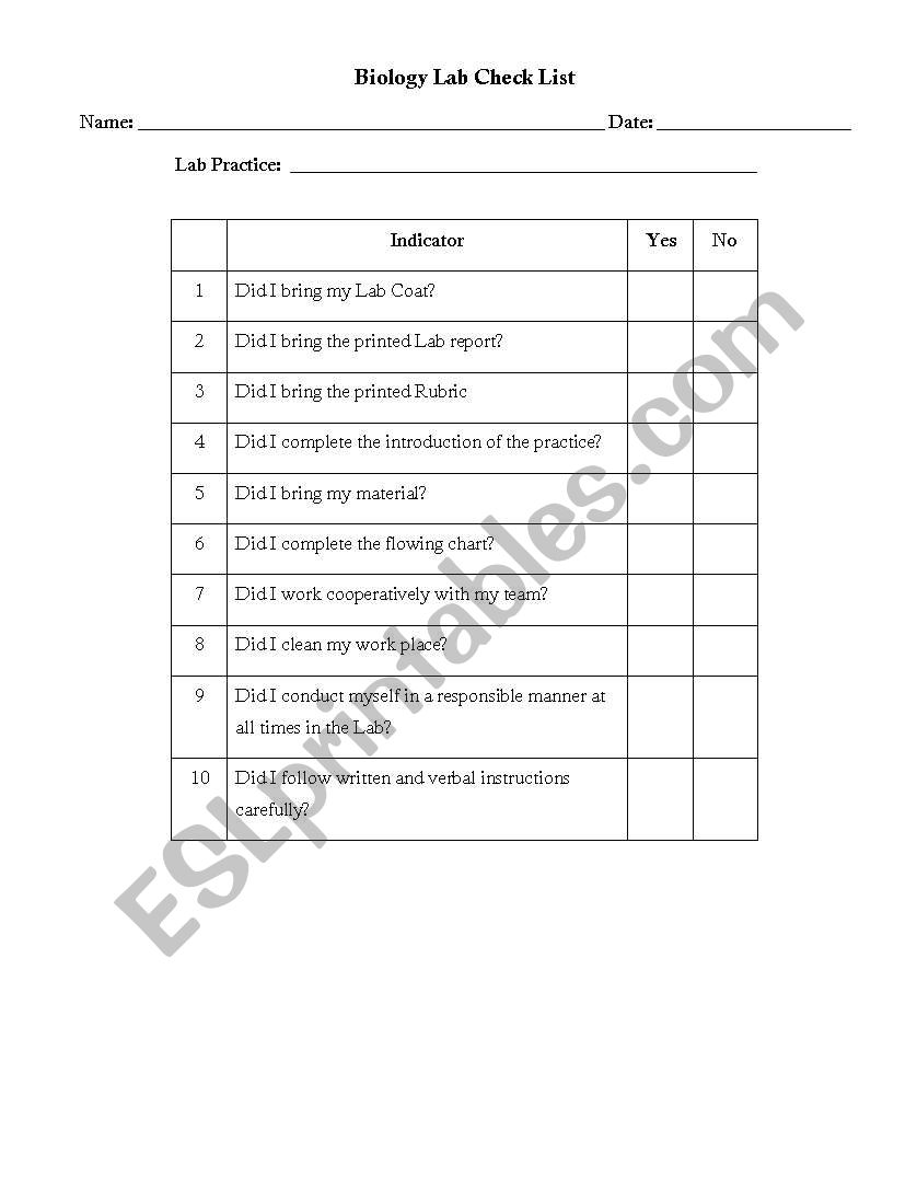 Biology Lab Checklist worksheet