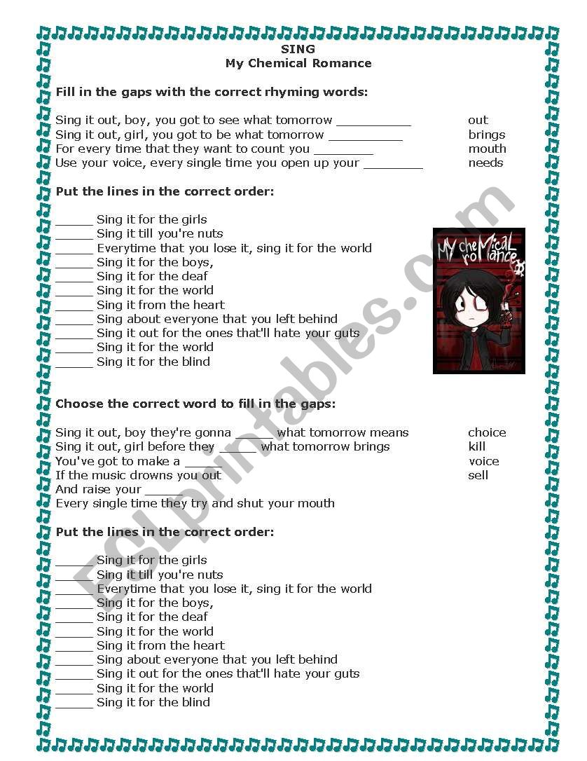 Sing - My Chemical Romance worksheet