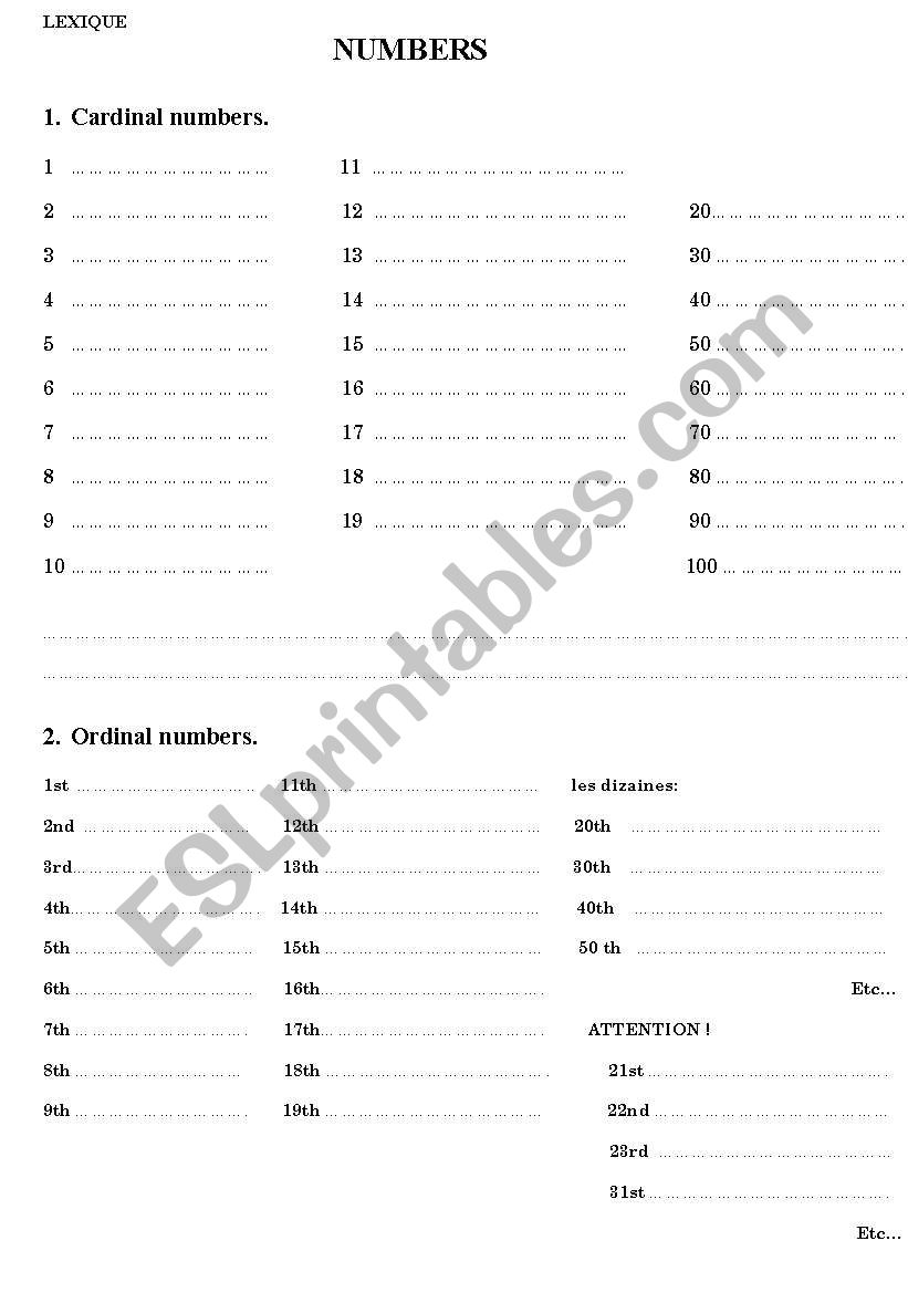 Cardinal and ordinal numbers worksheet