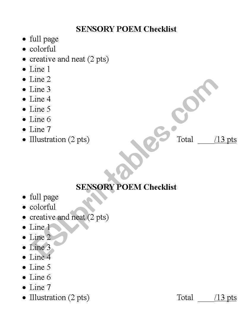 Sensory Poem Checklish worksheet