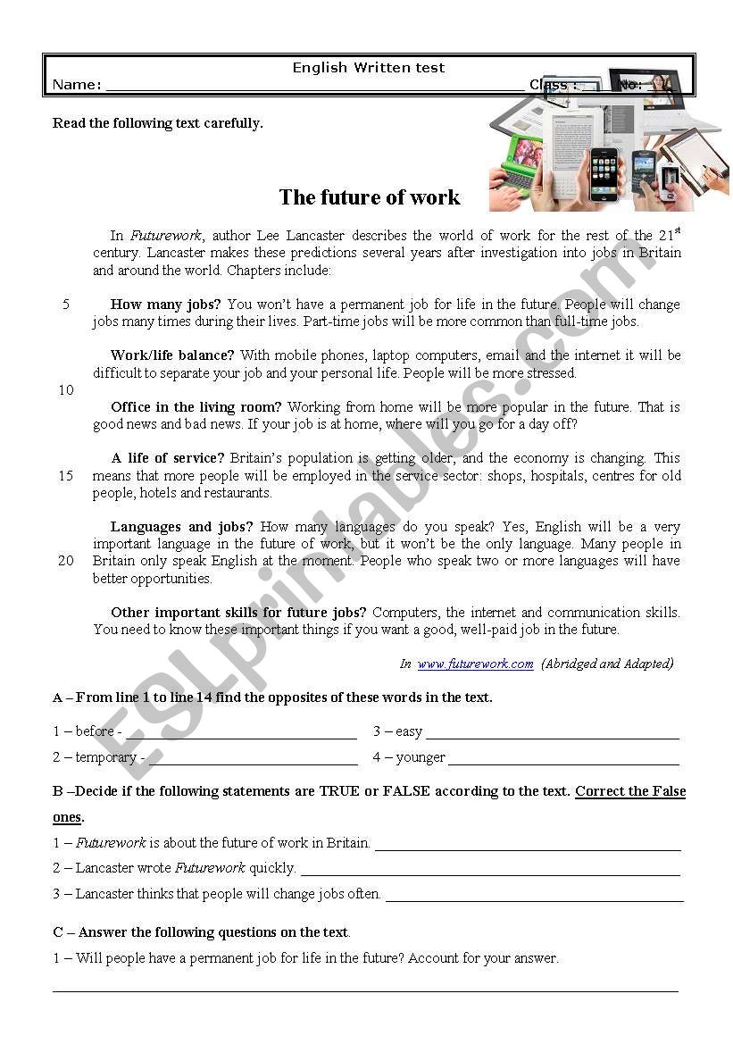 Test 8th grade - The future of work (with Key)