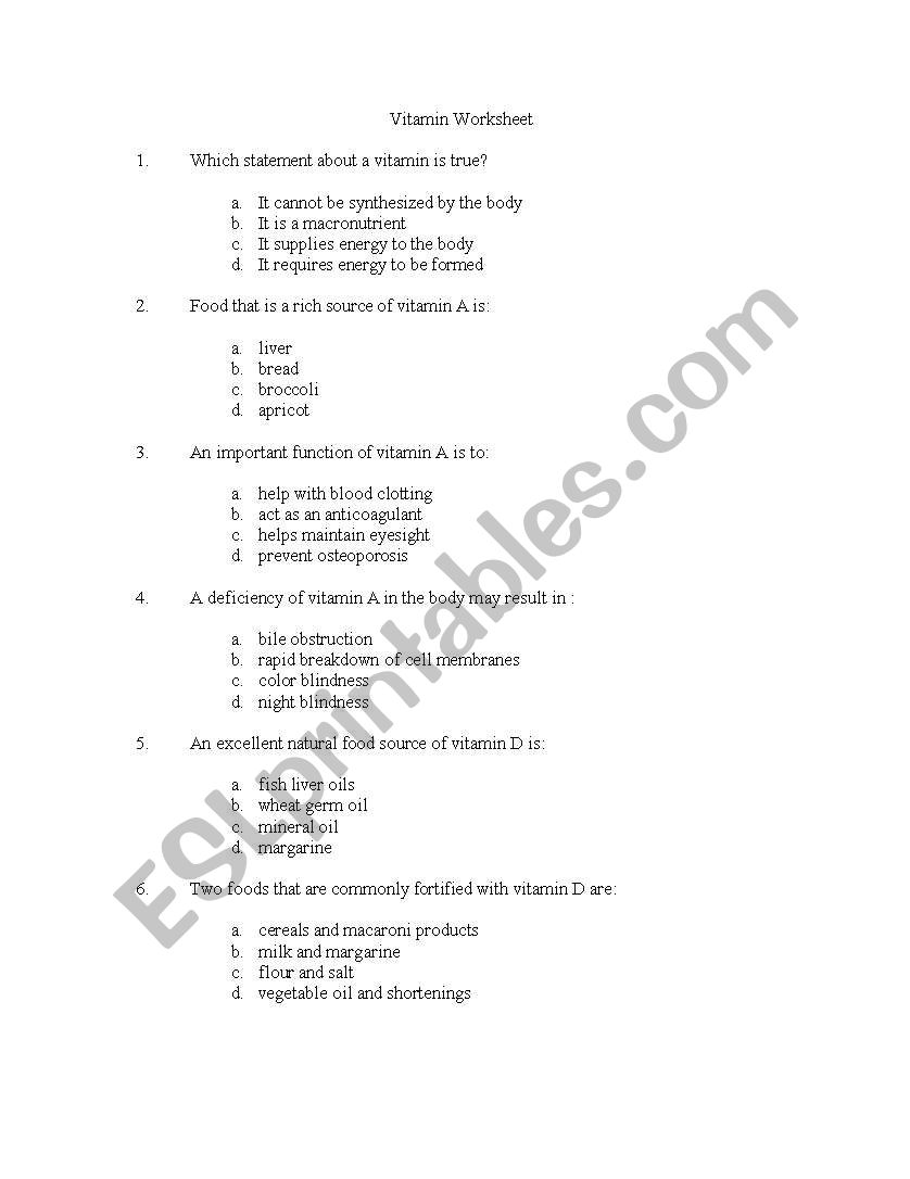 vitamin worksheet
