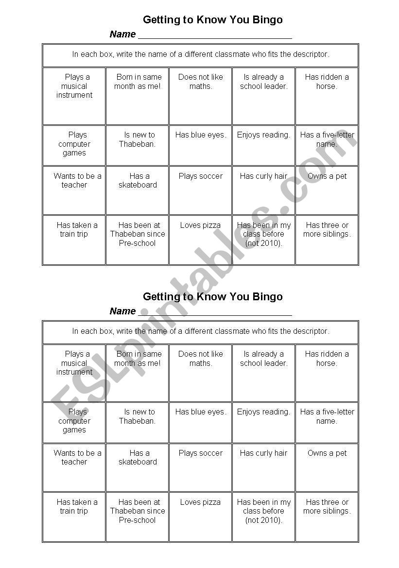 Getting to know you bingo! worksheet