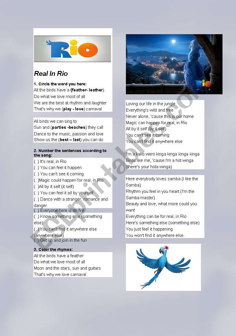 Rio ( the movie) worksheet