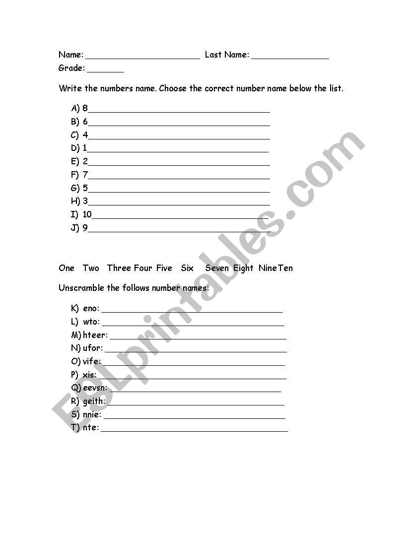 Numbers 1 to 10 worksheet