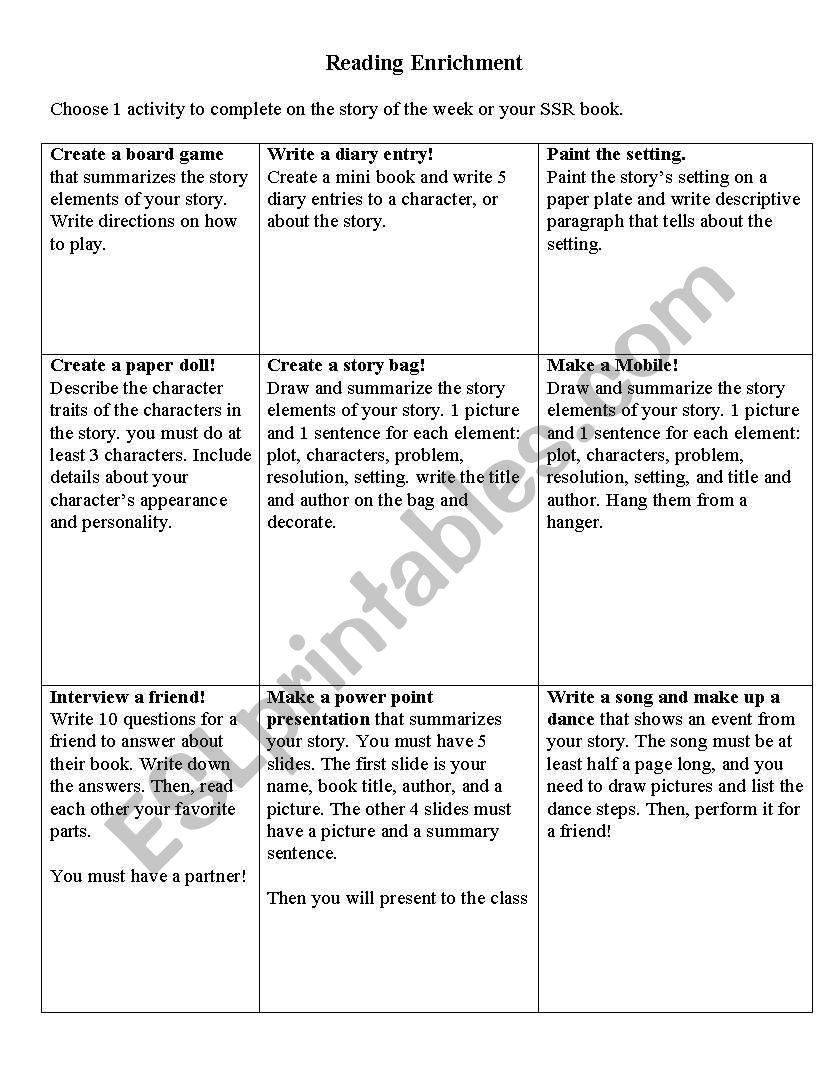 Reading Enrichment Choice Menu