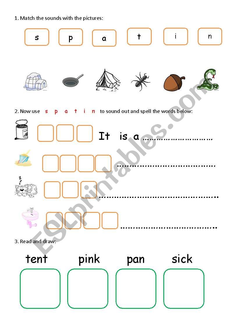 Phonics S P A T I N worksheet